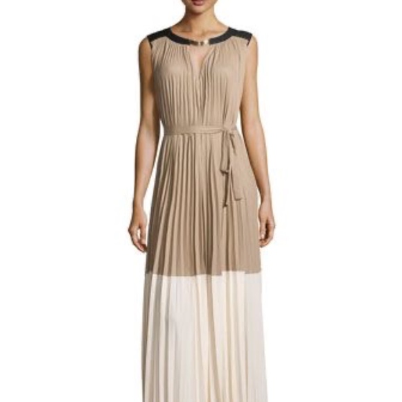 Gorgeous NWT BCBG Maxazria Khaki Combo Colorblock Long Pleated Gown - Picture 1 of 5